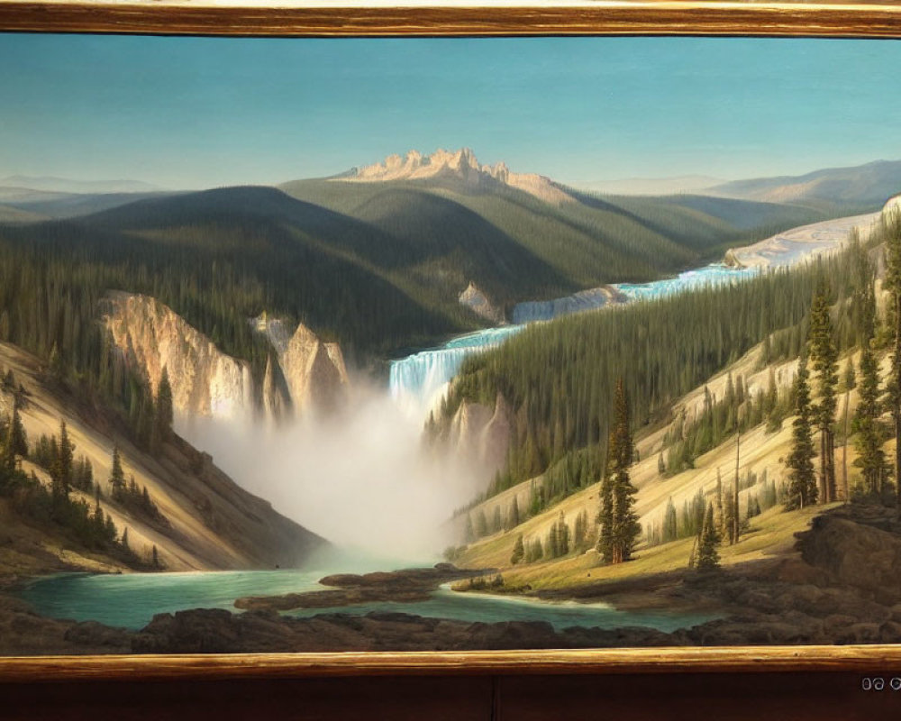 Framed landscape painting of majestic waterfall in forested mountains