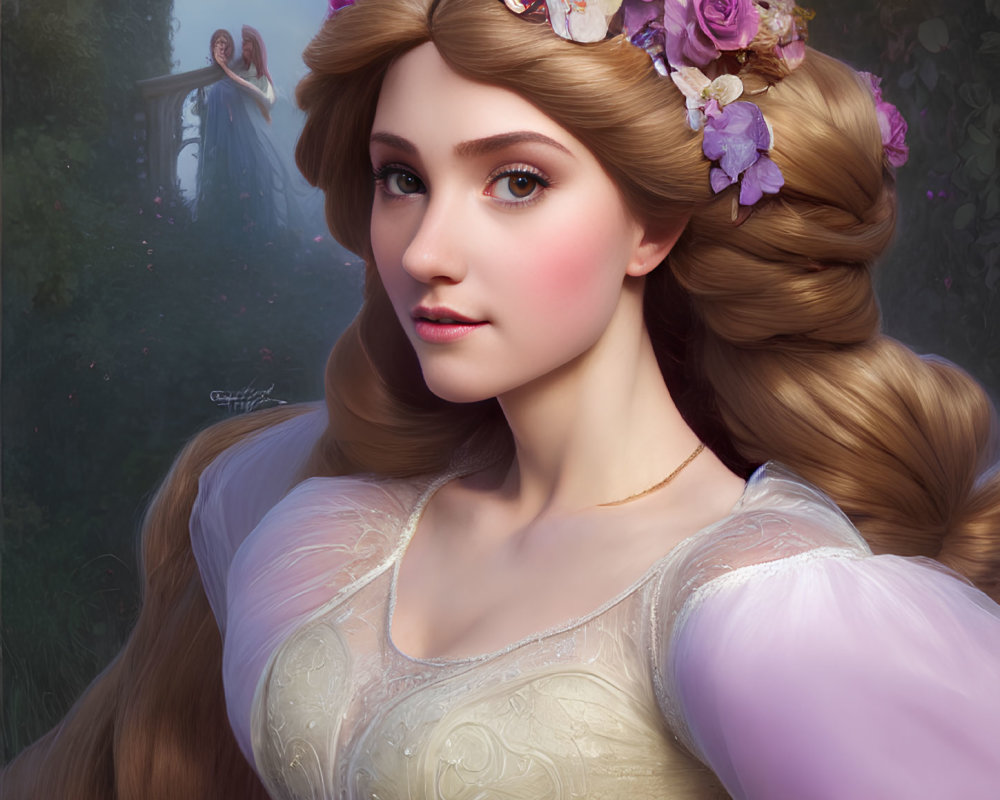 Digital Artwork: Young Woman with Braided Hair and Purple Flower Adornments