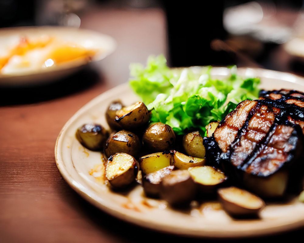 Sear-marked grilled steak with roasted potatoes and lettuce plate.