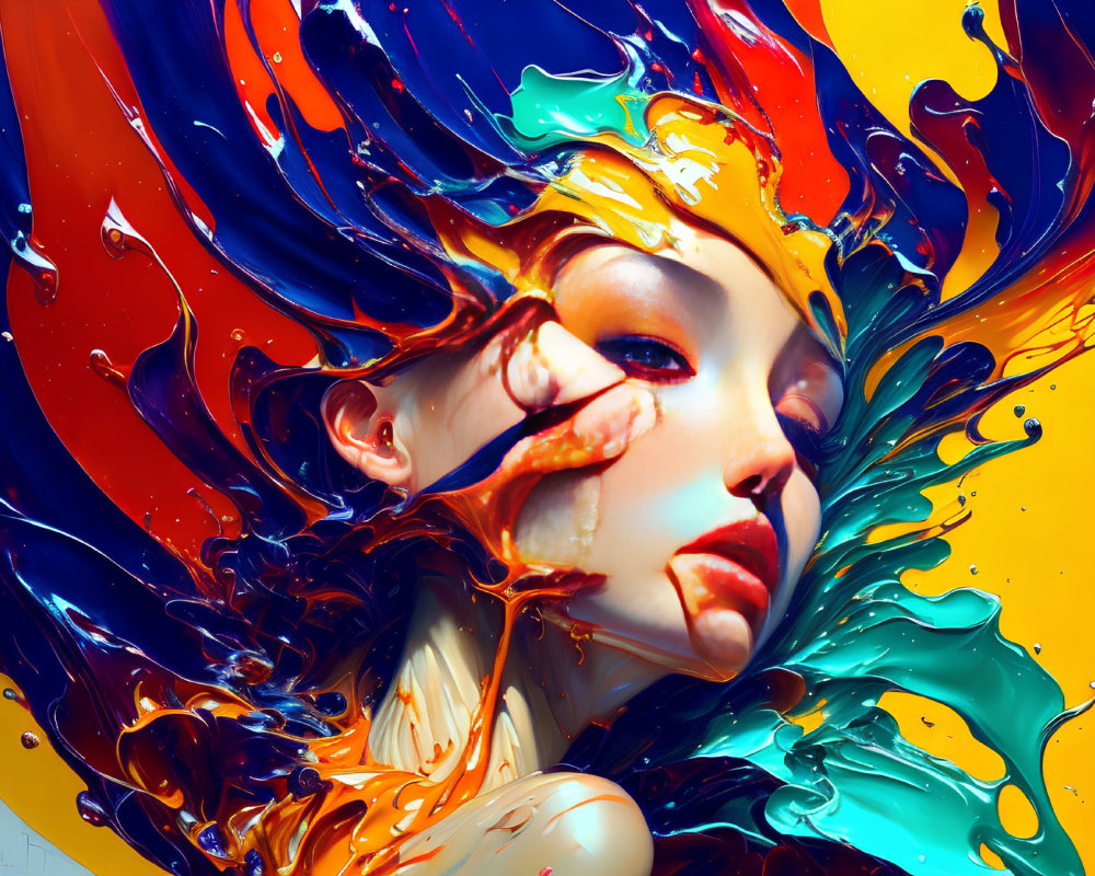 Colorful digital artwork: Woman's face merging with dynamic swirls