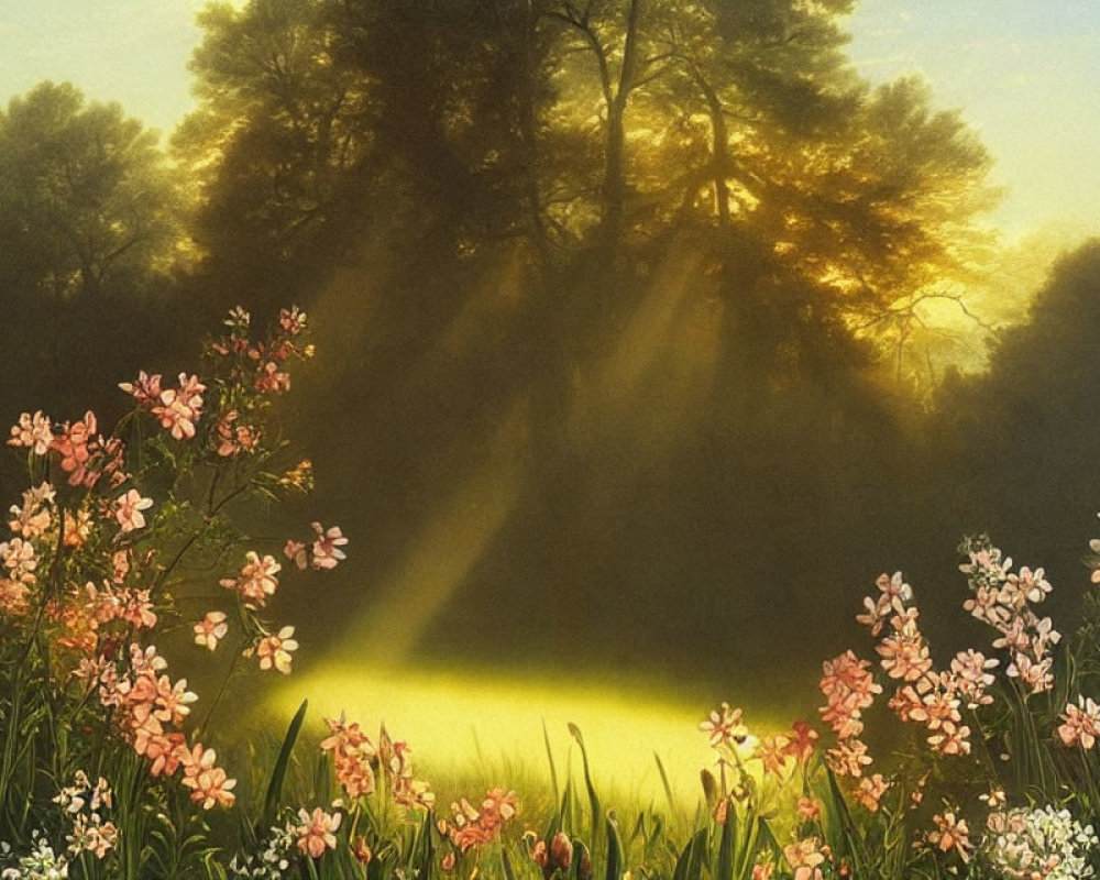 Forest sunrise illuminates vibrant flower meadow