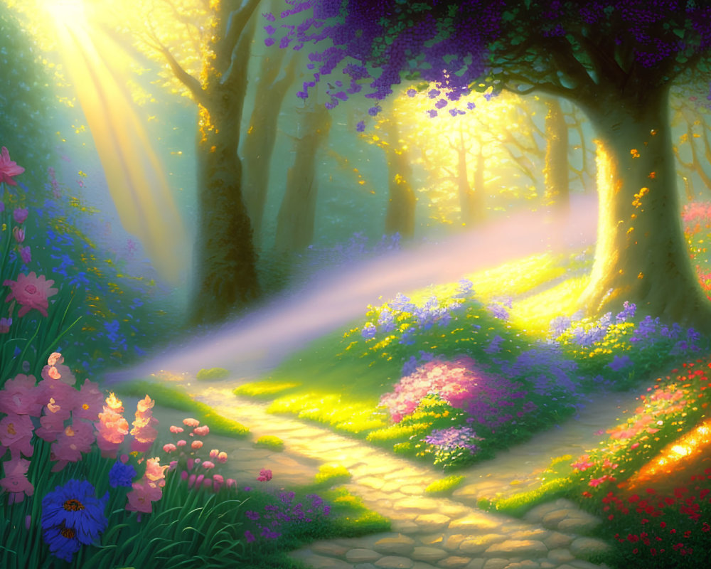 Vibrant forest path with sunlight and blooming flowers