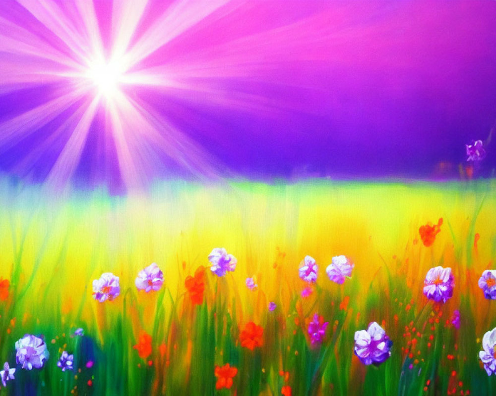 Colorful Field of Flowers at Sunrise with Purple and Blue Hues