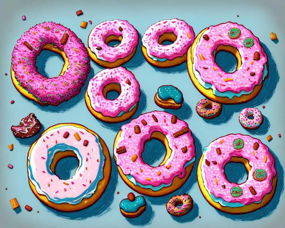 Colorful Pink-Frosted Donuts with Sprinkles and Candy on Blue Background