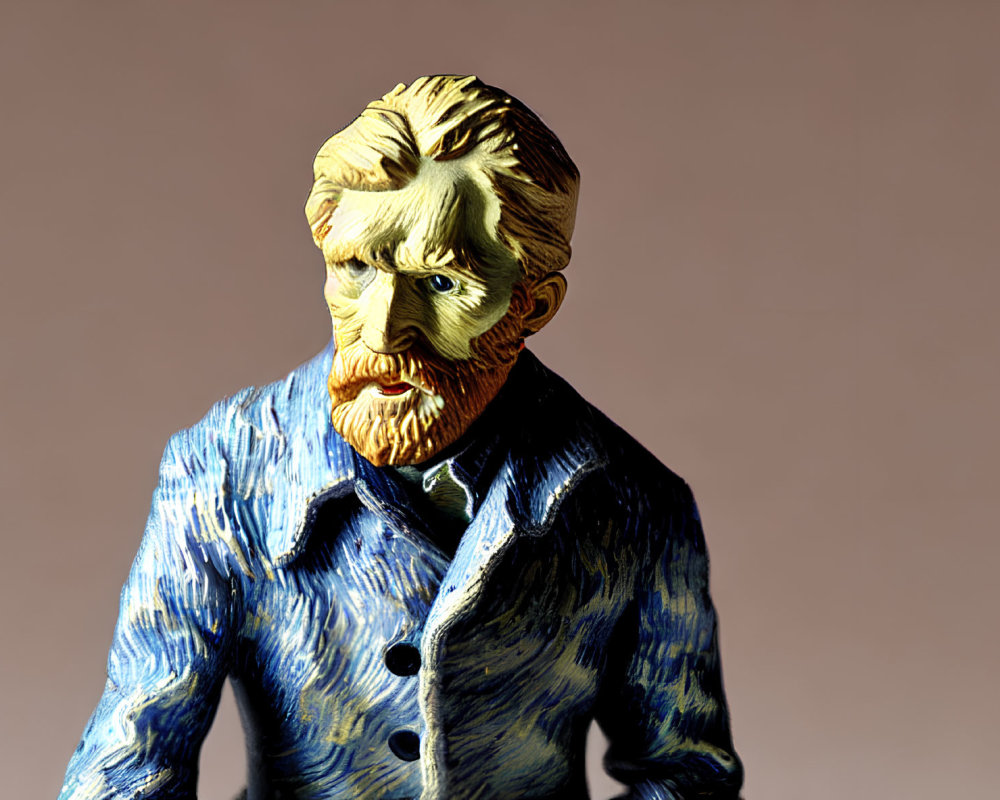 Stylized portrait of a bearded man in blue coat with yellow hair, against plain backdrop