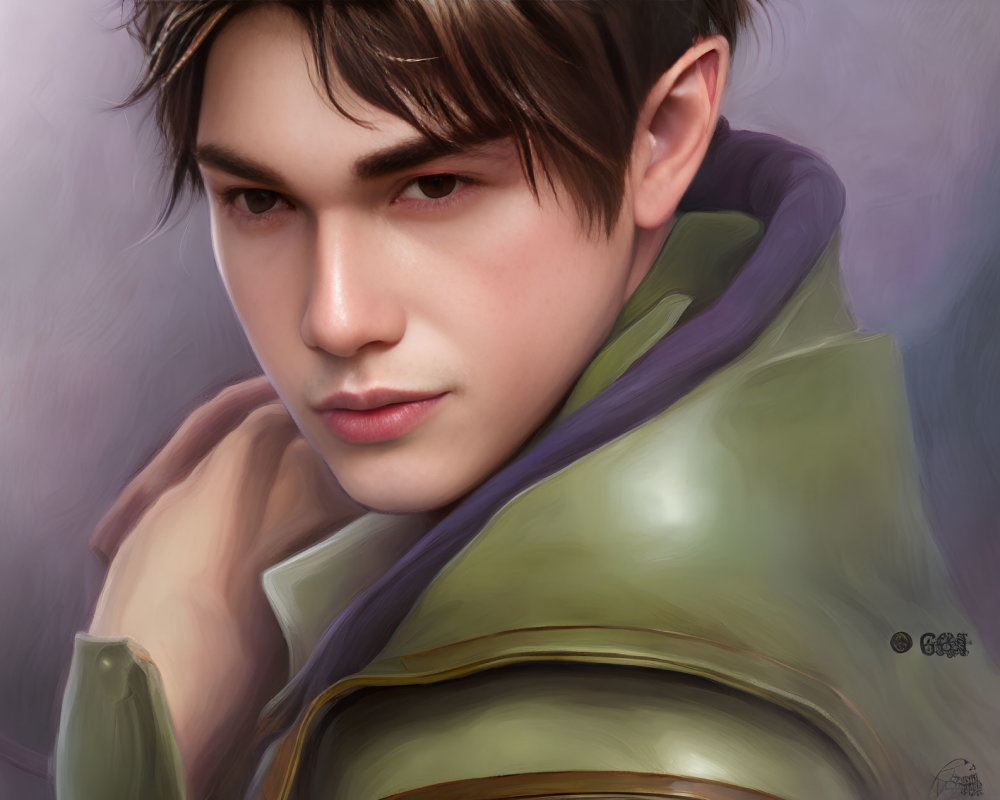 Serious young man in green armor and purple cloak on soft purple background