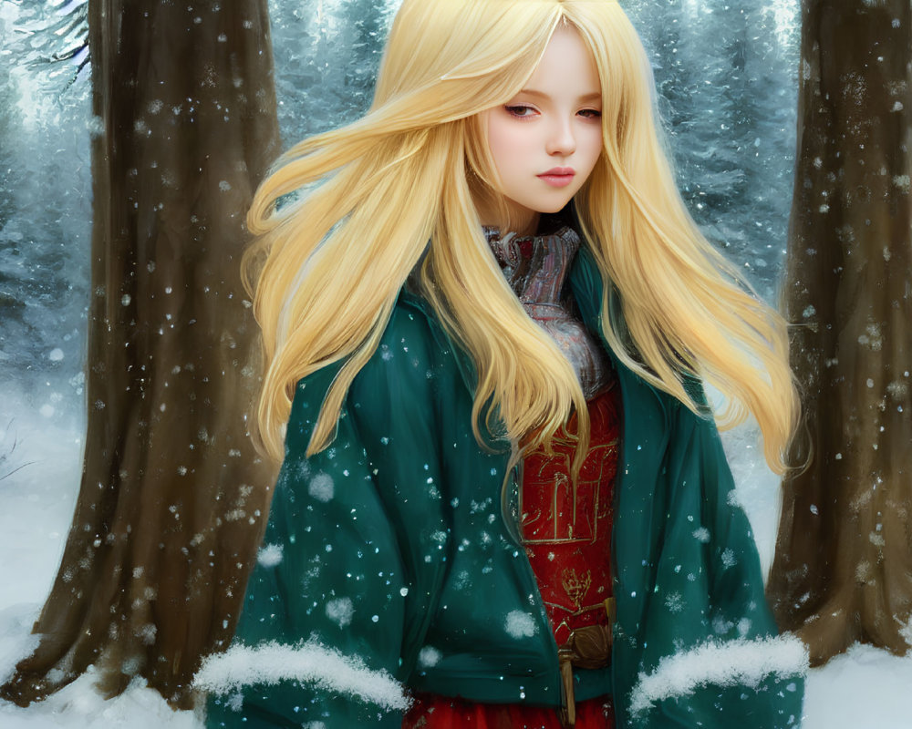 Blonde woman in green coat contemplating in snowy forest