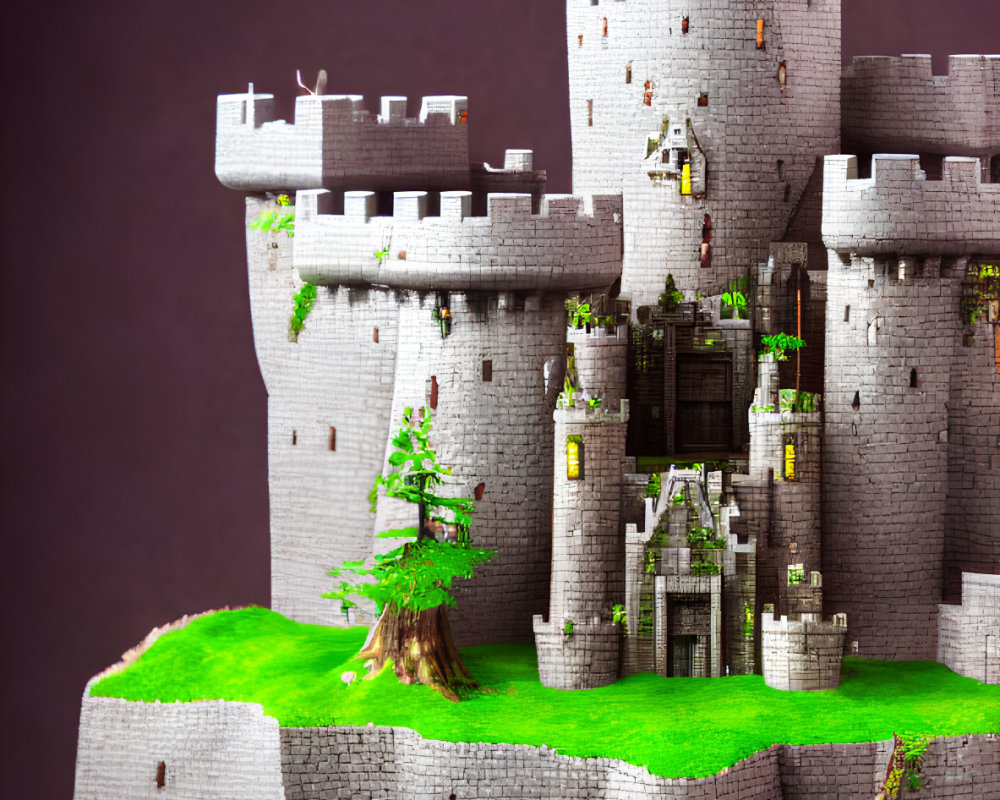 Detailed Gray Stone Castle Model on Floating Island with Turrets and Yellow Flag