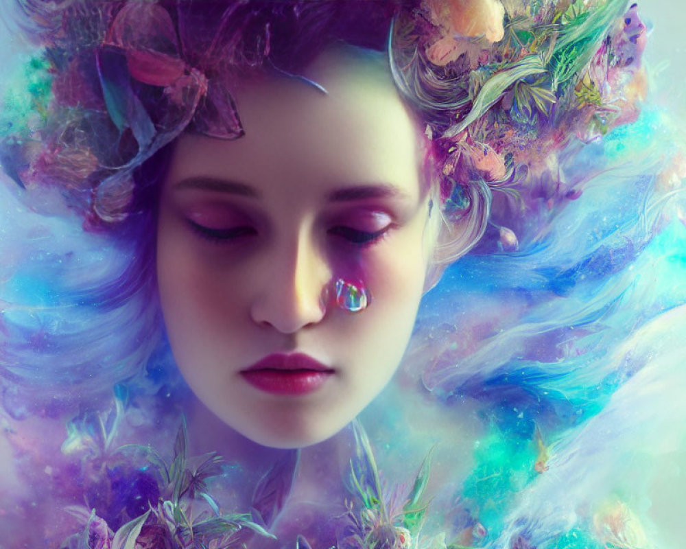 Surreal portrait of a woman with closed eyes and floral headpiece in swirling pastel colors