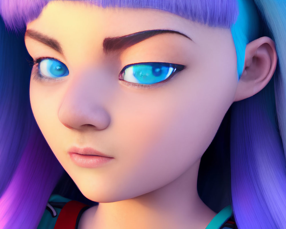 Detailed Close-up of Animated Character with Blue Eyes and Purple Hair