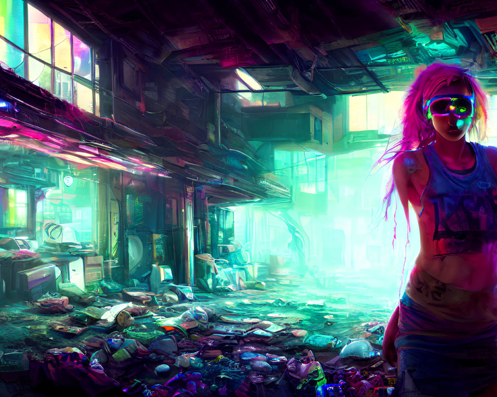 Pink-haired woman in neon-lit futuristic alleyway with graffiti