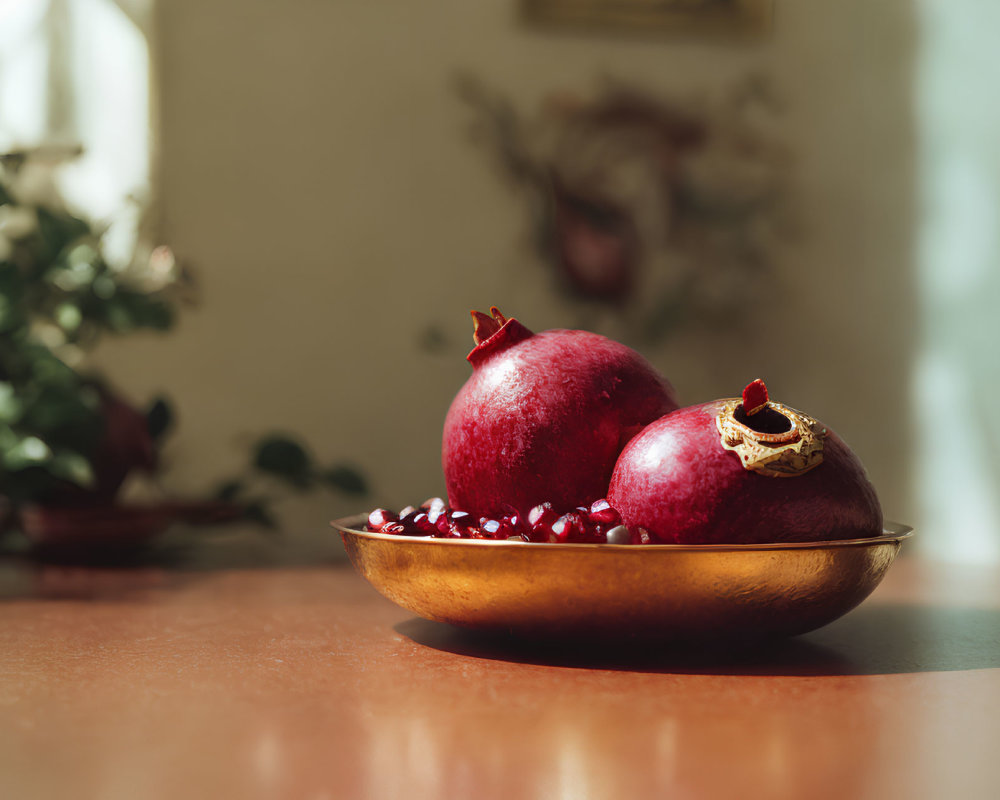 Table with bowl, two whole pomegranates, and scattered seeds in soft natural light