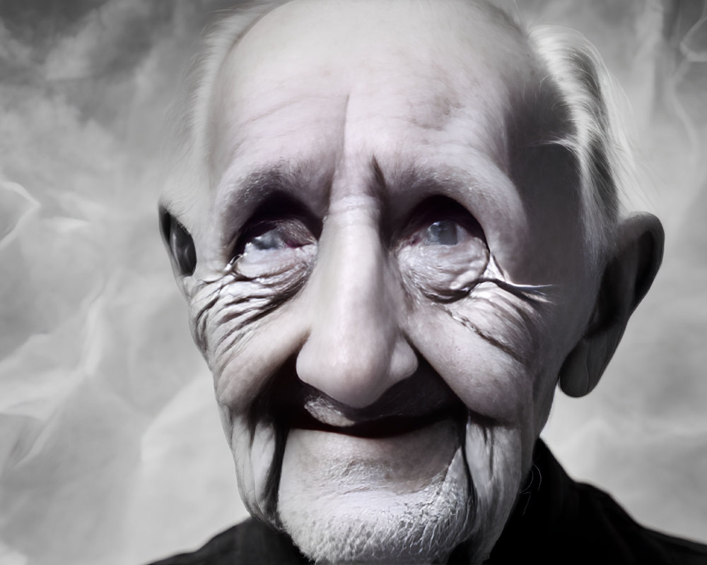 Elderly person with smile lines and sparkling eyes on soft background