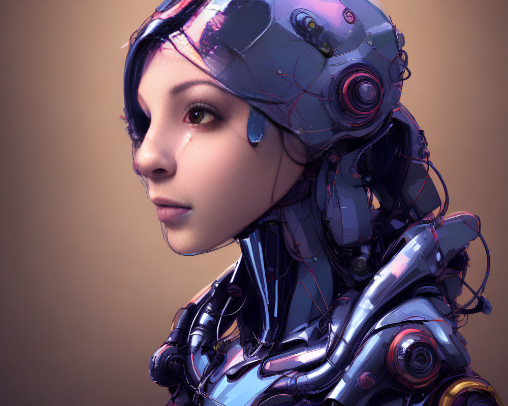 Detailed Female Android Artwork with Mechanical Structure on Warm Background