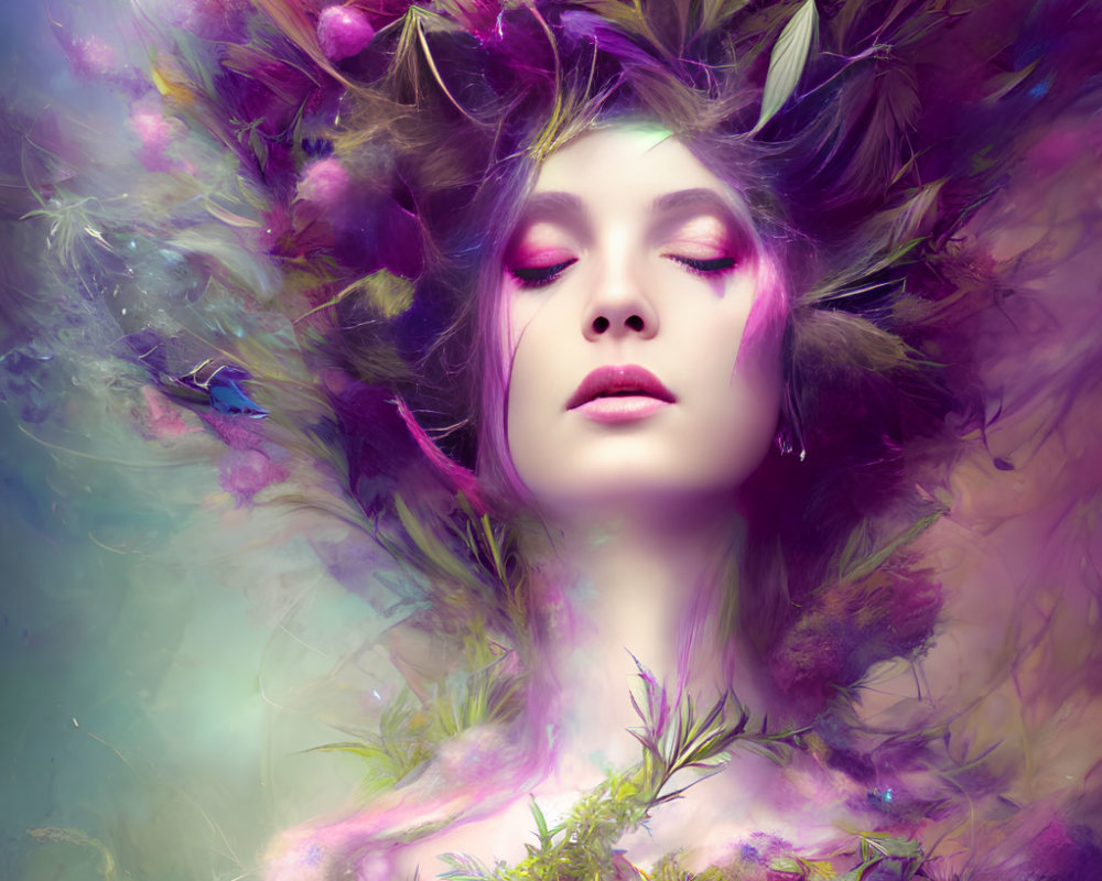 Serene woman with pink eyeshadow in surreal floral swirl