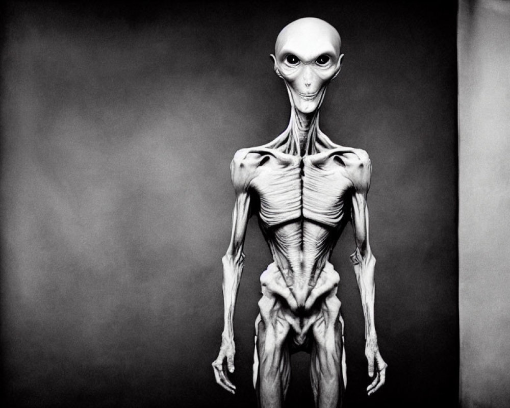 Monochrome alien figure with large head and eyes on plain background