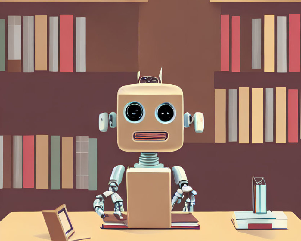 Colorful Books Surround Curious Robot at Desk