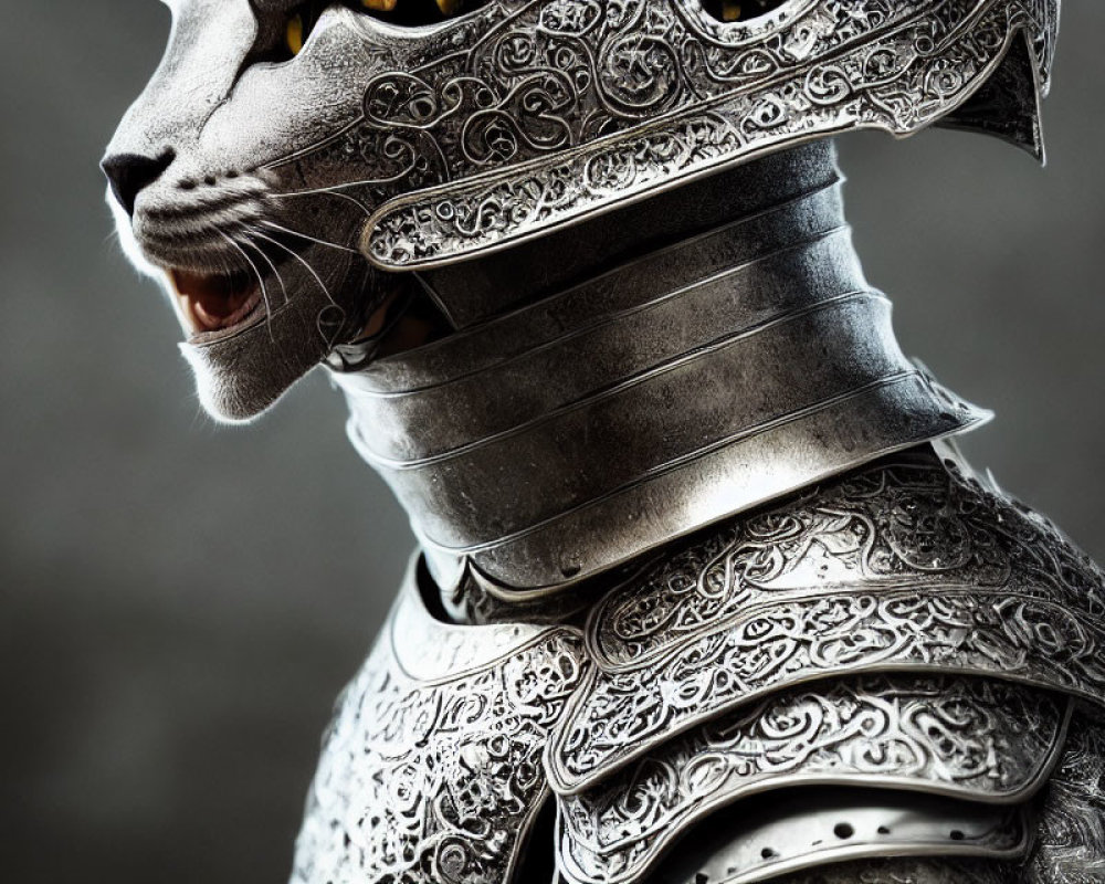 Digital artwork of a cat in silver armor with medieval knight patterns