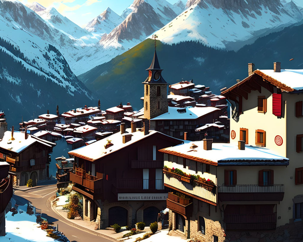 Snow-covered mountain village in winter with church spire and alpine peaks.