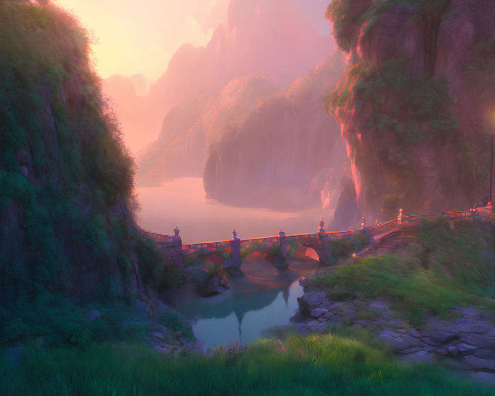 Tranquil fantasy landscape with stone bridge, river, warm light, cliffs, and vegetation at dusk