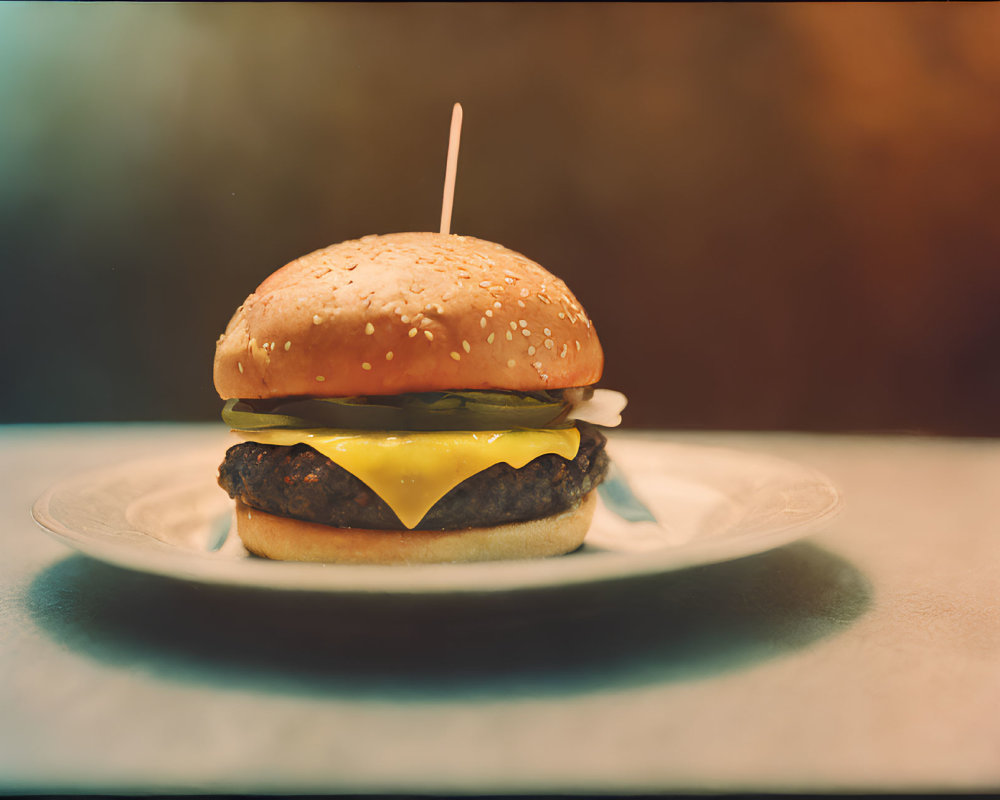 Succulent Cheeseburger with Pickles and Onions on Sesame Seed Bun