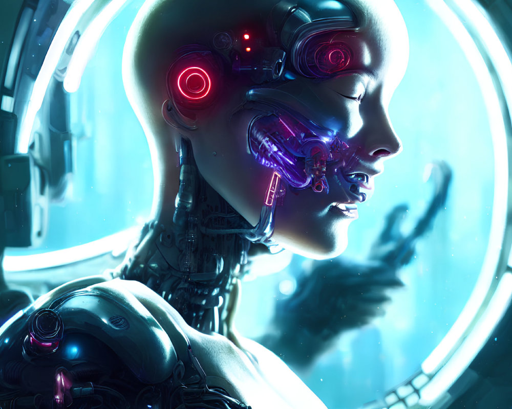 Cyborg woman with red cybernetic implants gazing through circular window