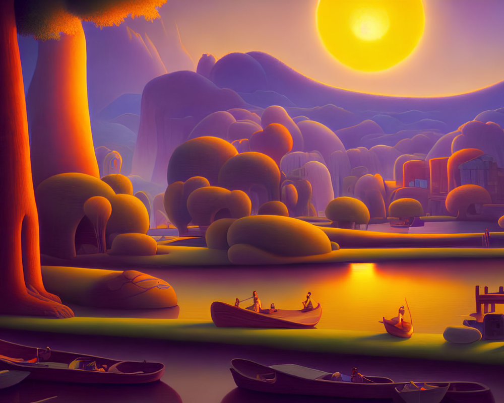 Serene sunset landscape with rounded trees, calm water, boats, hills, oversized sun, purple and