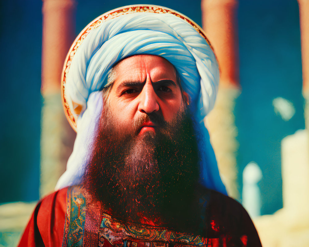 Bearded man in traditional turban and robe with serious expression