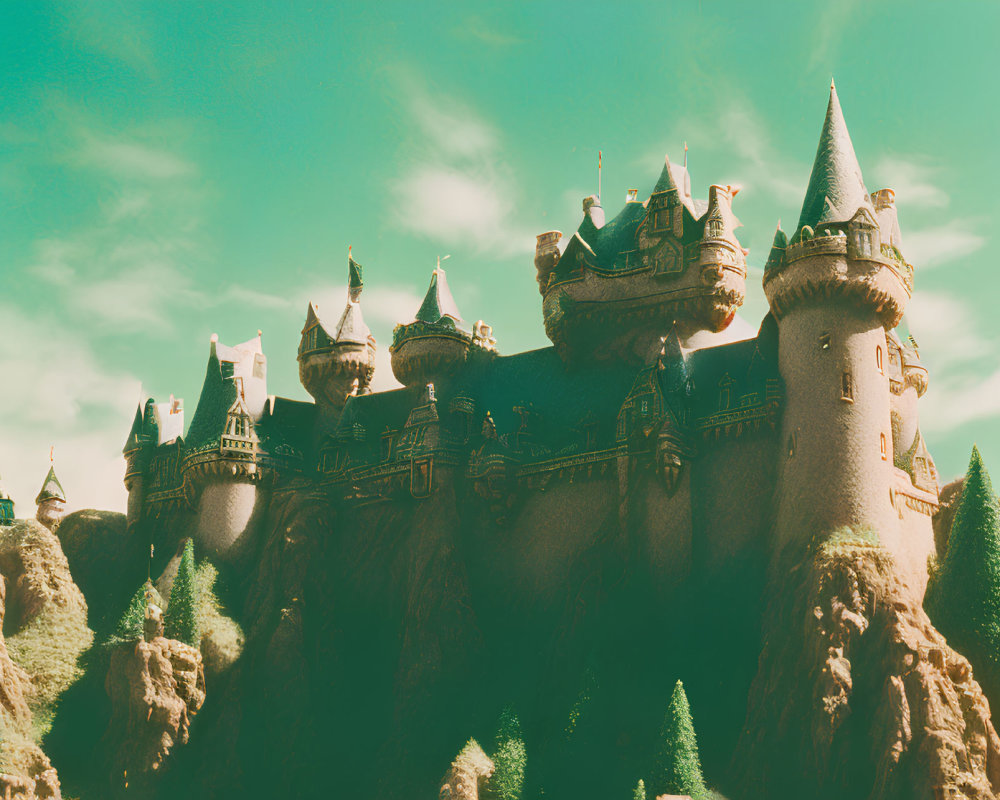 Medieval castle with spires and towers in lush greenery