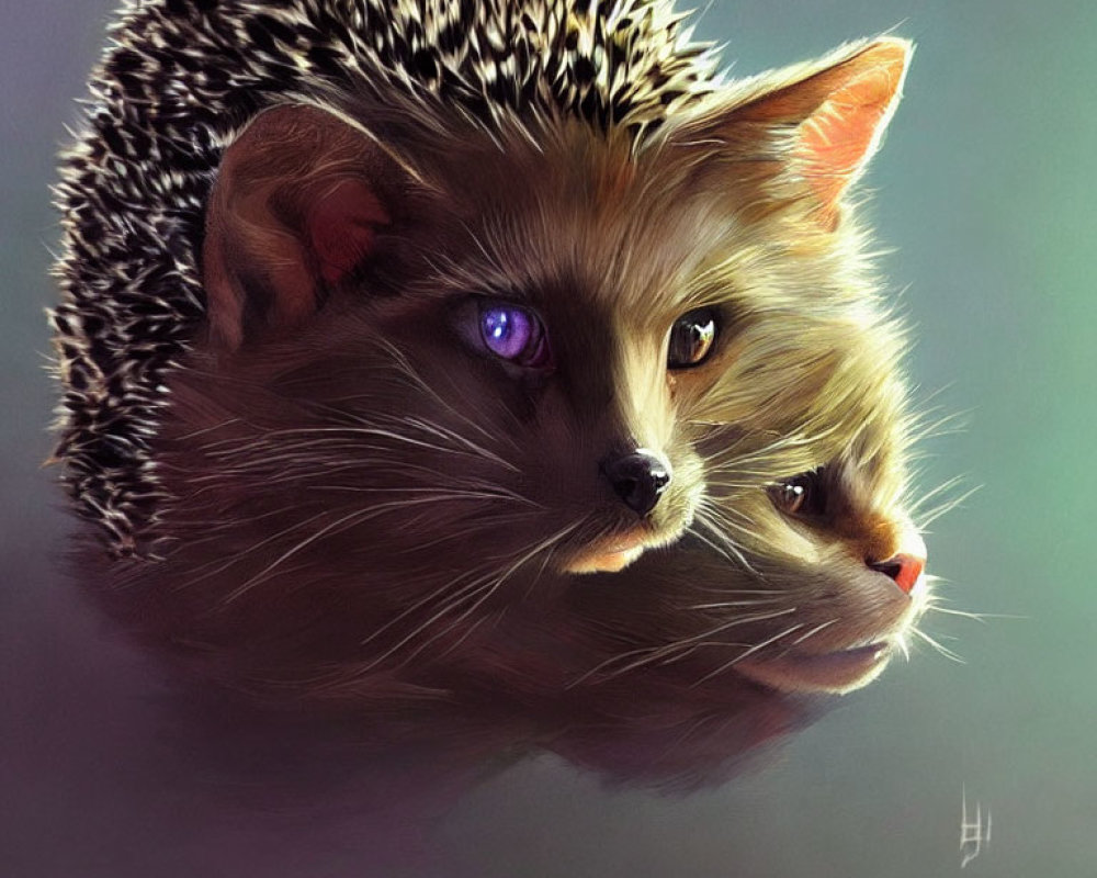 Surreal digital artwork: Hedgehog body, cat head, one blue eye