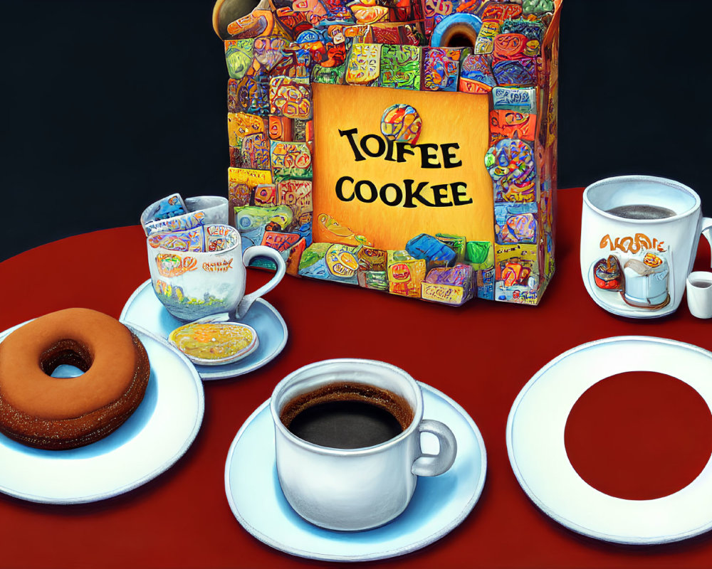 Colorful Still Life with Donut, Coffee, Plates, and Toffee Cookie Package