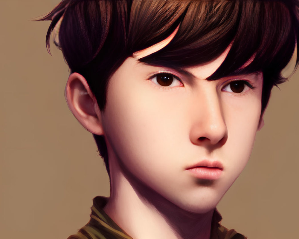 Young male digital portrait with dark hair and intense gaze, soft shading, warm background