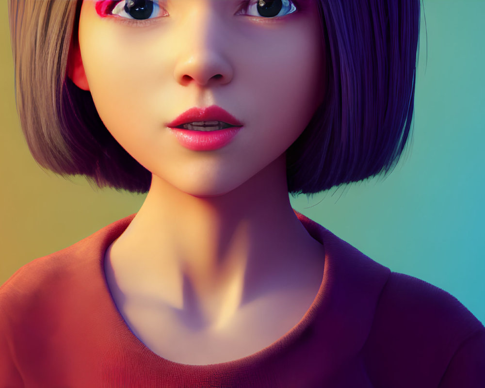 Stylized young female character with bob haircut and prominent eyes on colorful background