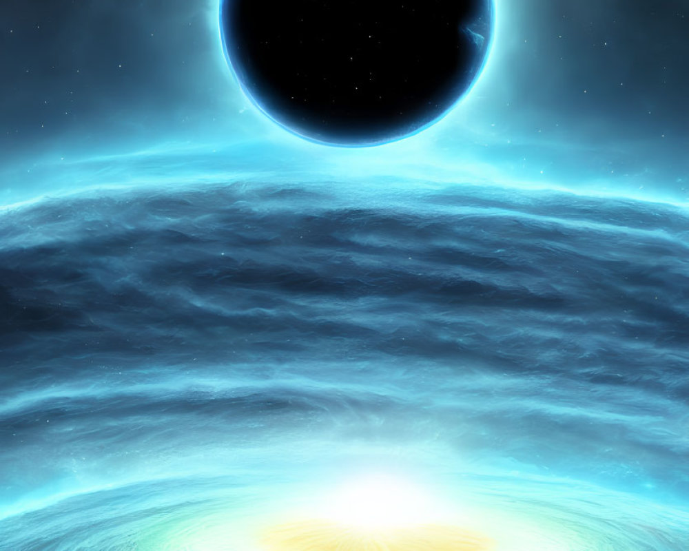 Intense glowing black hole with blue halo in celestial scene