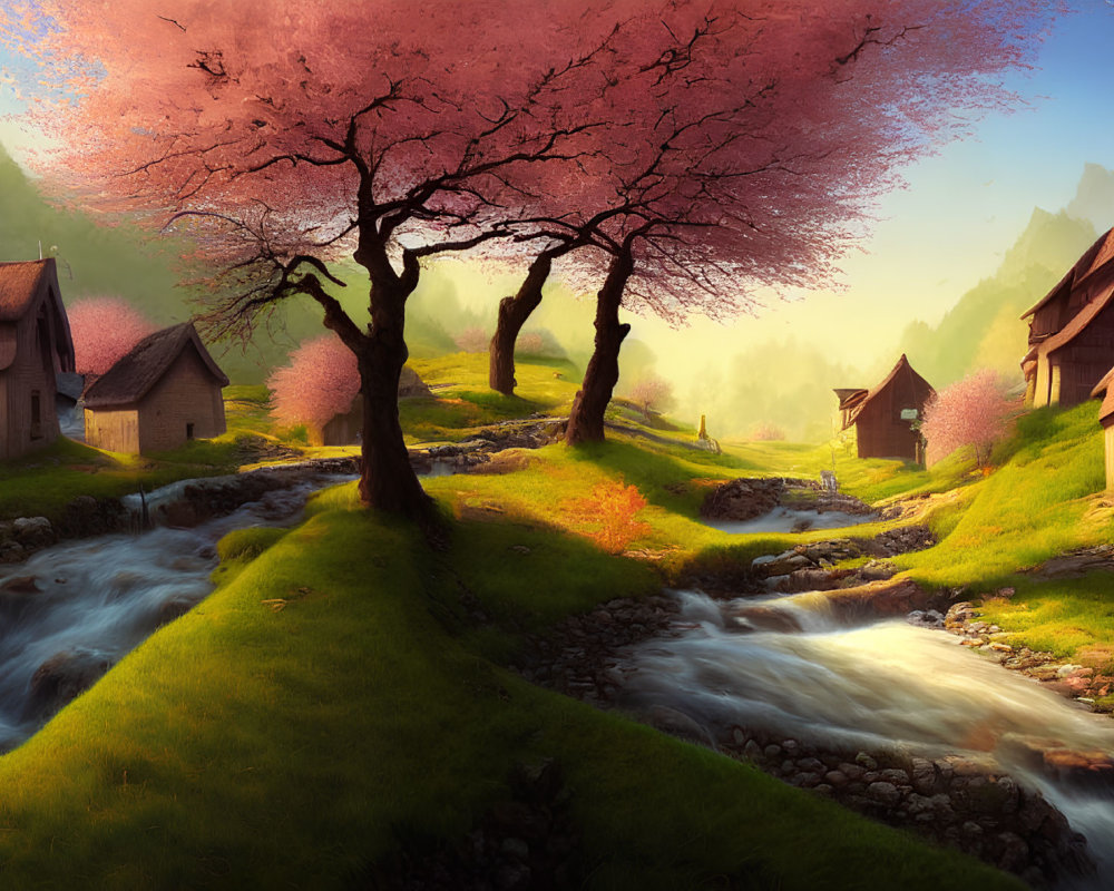 Tranquil landscape with brook, houses, greenery, and pink blossomed tree