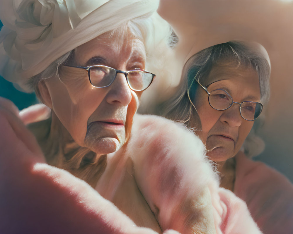 Elderly women in glasses with hat and fur collar in soft lighting