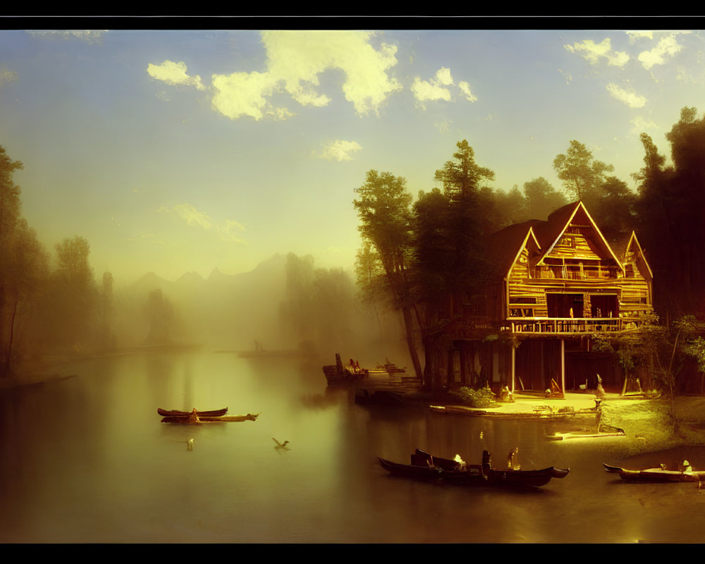 Tranquil lake landscape with wooden house, boats, trees, and golden sky