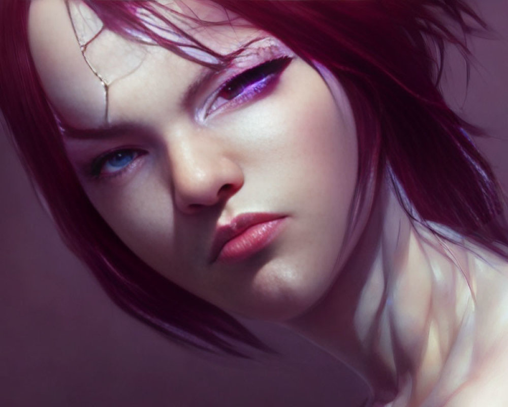 Digital Artwork: Person with Red Hair and Purple Eye Makeup in Fantasy/Sci-Fi Theme