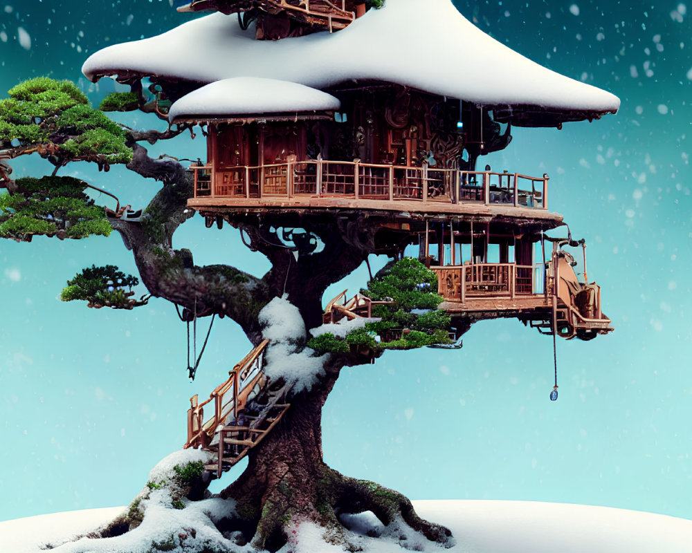 Snowy Treehouse in Bonsai Tree: Traditional Architecture & Tranquil Snowfall