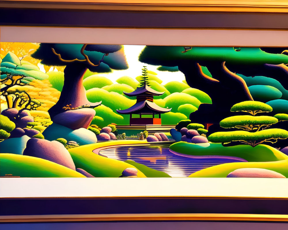 Colorful Stylized Landscape with Japanese Pagoda and Curvy Trees