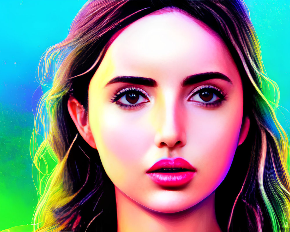 Colorful Digital Portrait of Woman with Intense Eyes and Neon Lighting