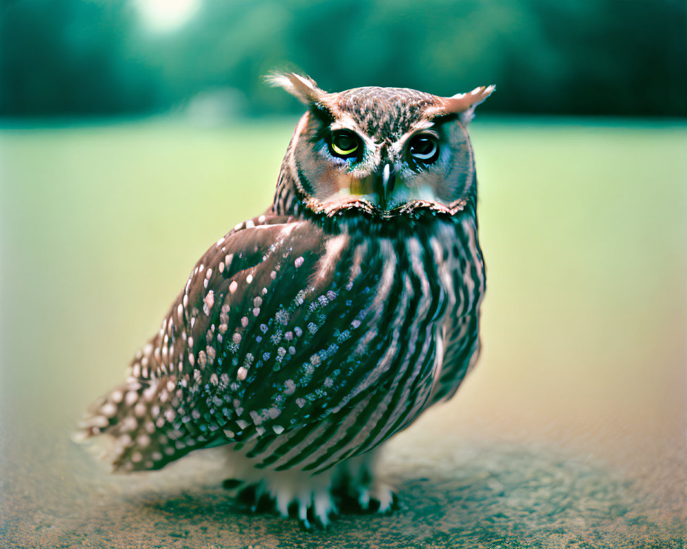 Speckled Owl with Piercing Eyes and Ear Tufts on Green Background