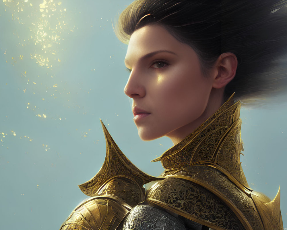 Female warrior digital artwork with ornate golden armor and fierce gaze against soft background