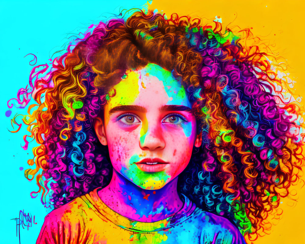 Colorful digital artwork: Young girl with curly hair in vibrant hues on yellow and blue background