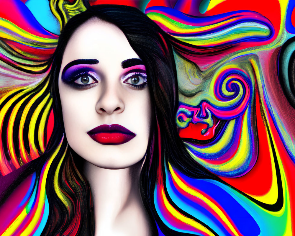 Colorful swirl pattern backdrop with woman in striking makeup