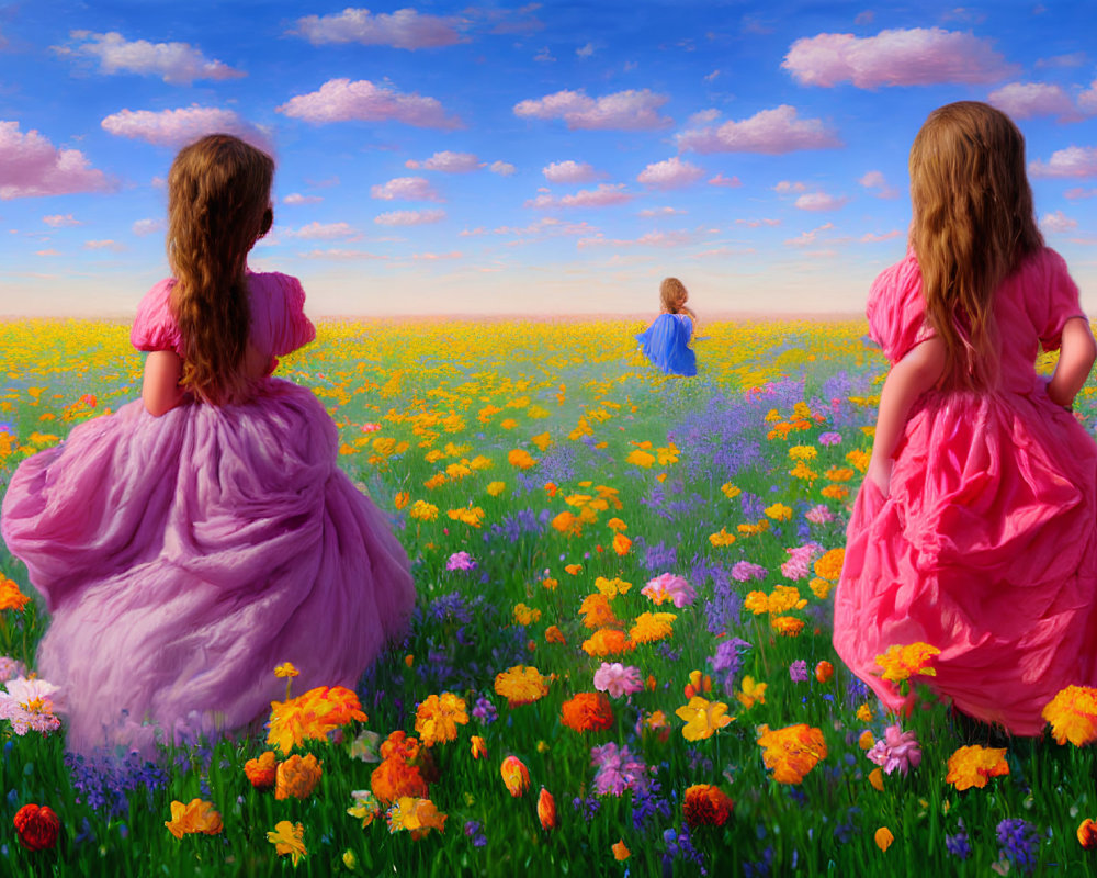 Two girls in pink dresses in flower field with child in blue running.