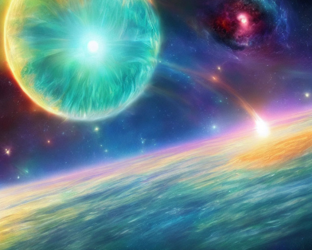 Colorful cosmic scene: green planet, bright star, nebulae, energy beam.