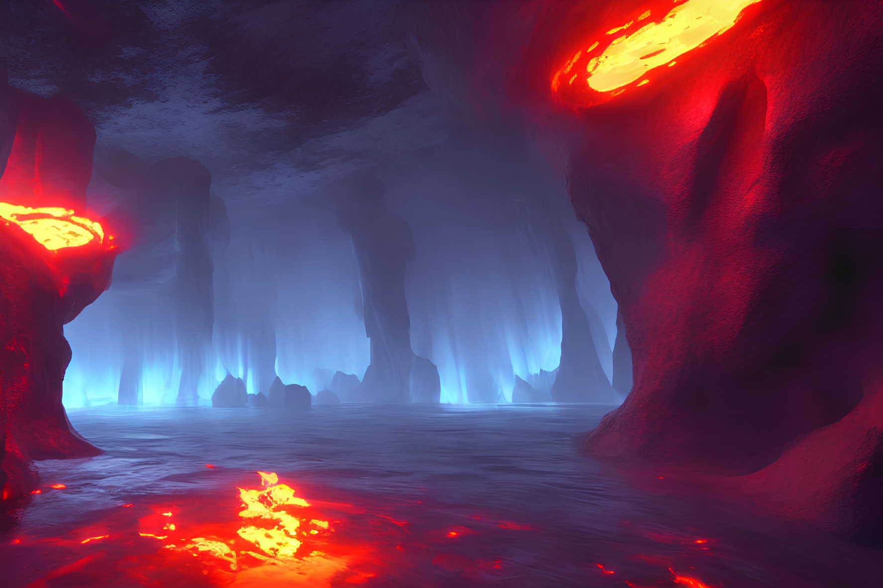 Digital artwork: Luminous lava cave with red walls and serene blue floor