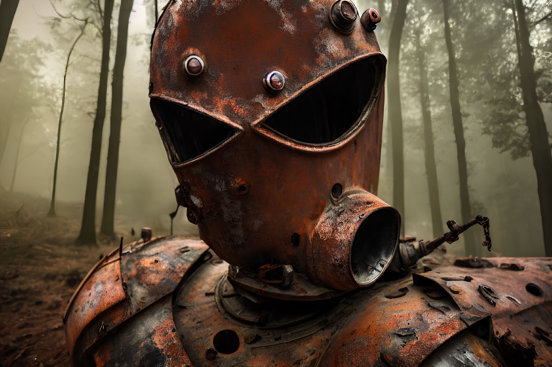 Rusty anthropomorphic metal sculpture in foggy forest