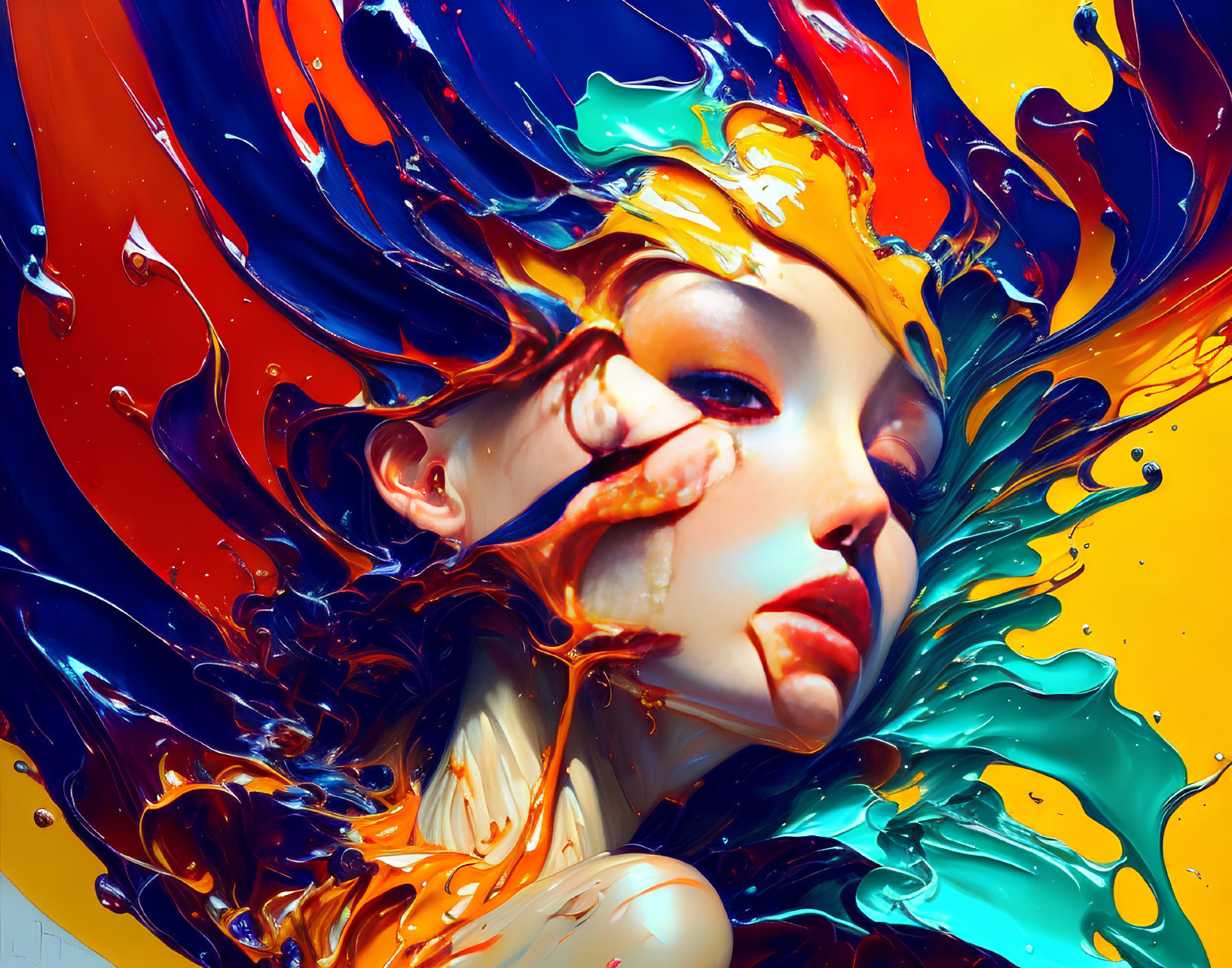 Colorful digital artwork: Woman's face merging with dynamic swirls